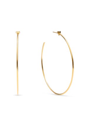 Dunne gouden oorringen met hartvormige stekers, weergegeven vanuit zij- en voorkant op een witte achtergrond.