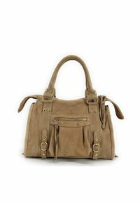 Sac à main en daim marron avec doubles poignées, poche zippée à l'avant, coutures décoratives et accents en métal ; texture douce et forme structurée.