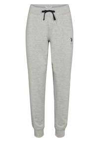 Světlé šedé tepláky s černou šňůrkou, elastickými manžetami a malým černým logem koně na levém stehně.