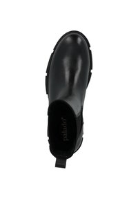 Black ankle boot with smooth leather upper, elastic side panels, and a pull tab at the back. Round toe and textured rubber sole.