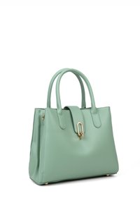 Borsa a tracolla in pelle verde menta con un design strutturato, doppi manici superiori, chiusura a pulsante e accessori in metallo dorato.