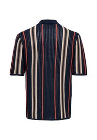 Polo en maille à manches courtes avec des rayures verticales bleu marine, beige et rouille, montré de dos sur fond blanc.