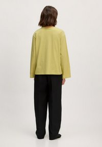 Katoenen langemouwen top in lichtgroen, relaxte pasvorm met een ronde halslijn, gecombineerd met hoge taille zwarte broek, weergegeven vanuit de achterkant.