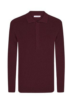 Burgundy pikkade varrukatega polo särk ribatakistusega, klassikalise krae ja viie nupuga, sirge hemmi ja mansettidega.