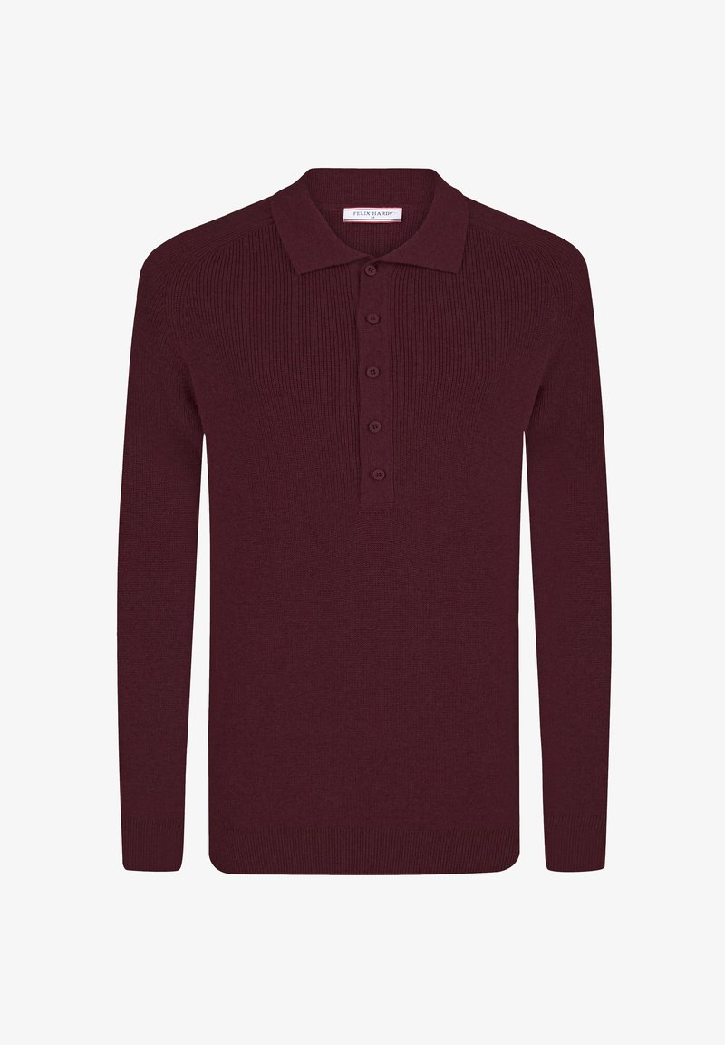 Burgundy pikkade varrukatega polo särk ribatakistusega, klassikalise krae ja viie nupuga, sirge hemmi ja mansettidega.