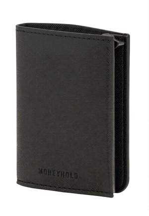 Portafoglio in pelle nera con texture, con la scritta "MONEYHOLD" in rilievo sulla parte frontale, mostrato parzialmente aperto su uno sfondo bianco.