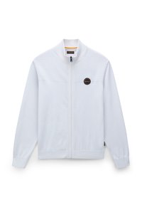 Vit zip-up jacka med en strukturerad krage, texturerad övre panel och en rund logotypdetalj vid vänster bröst. Mjuk tyg, ribbade ärmslut.
