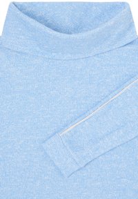 Col roulé côtelé bleu clair en tissu doux, avec une coupe ajustée, des manches longues et une simple bande blanche le long de la manche.