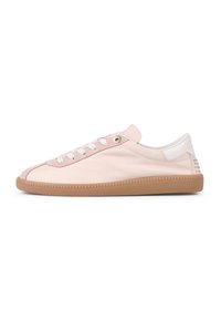 Pink and white leather sneakers with a contrasting gum sole, lace-up front, and decorative studs on the heel. Rounded toe design.