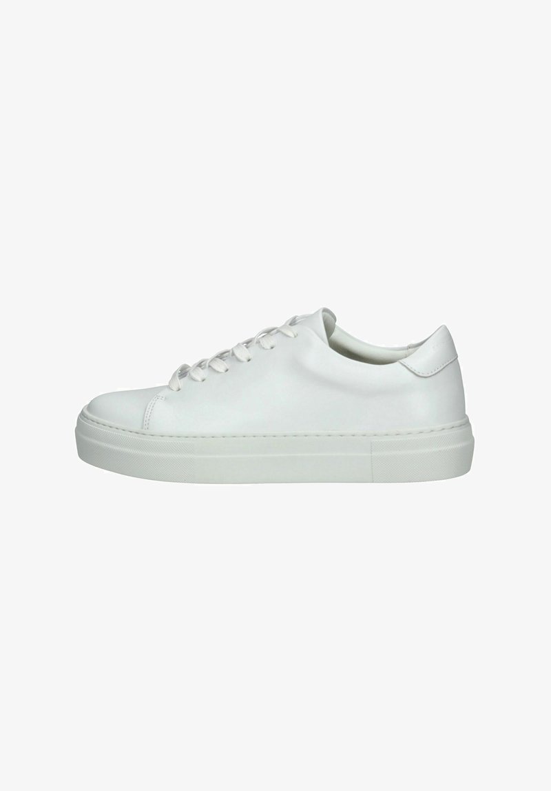White leather sneaker with smooth texture, rounded toe, flat rubber sole, and six eyelets for laces. Minimalistic design without additional accents.