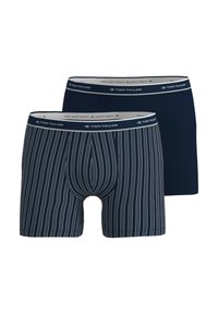 Men's underwear in a pack of two: one solid navy and one with vertical white stripes. Elastic waistband with brand logo. Soft fabric.