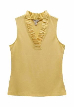 Mouwloos geel topje met diepe V-hals en gerimpelde rand rondom de kraag, gemaakt van zachte stof, merklabel zichtbaar aan de binnenkant.