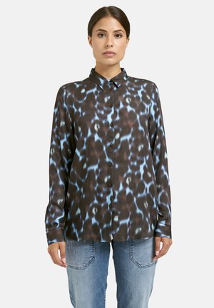 Long-sleeve button-up shirt in a dark brown fabric featuring a blue abstract pattern; smooth texture and standard collar design.