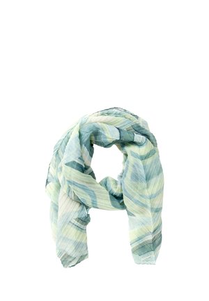 Sciarpa leggera plissettata con motivi astratti di foglie nei toni del blu, verde e bianco, avvolta in modo morbido su uno sfondo bianco.