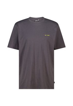Houtskoolgrijs T-shirt met korte mouwen en kleine gele tekst "NYC FLOWERS" op de linkerborst, met een ronde hals.
