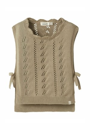Gilet sans manches beige en tricot avec liens latéraux et motifs verticaux texturés, étiqueté Lil'Atelier, taille 18-24 mois.