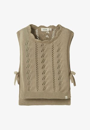Beige strikket ærmeløs sweatervest med bindsider og teksturerede lodrette mønstre, mærket Lil'Atelier, størrelse 18-24 måneder.
