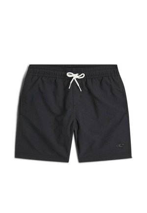 Črne moške kopalne hlače z elastičnim pasom, belim vrvico za zavezovanje, stranskimi žepi in majhnim logotipom na spodnjem levem delu nogavice.