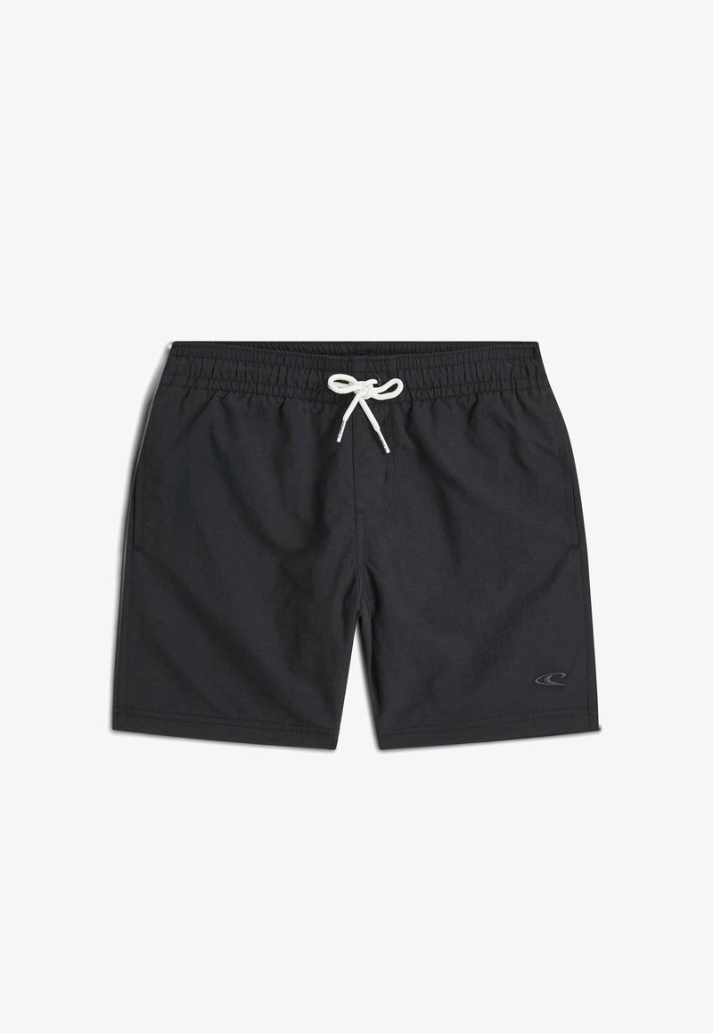 Shorts de bain noirs pour hommes avec taille élastique, cordon de serrage blanc, poches latérales et petit logo sur la jambe inférieure gauche.