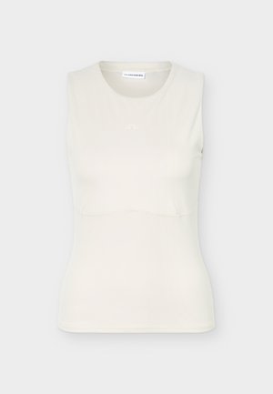 Top blanco sin mangas, ajustado y de tejido acanalado, con cuello redondo y detalle sutil de logo en el pecho, mostrado sobre un fondo claro liso.