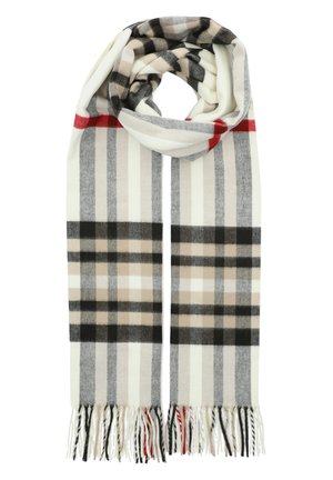 Checked scarf made of a wool blend, featuring stripes in beige, black, and white, with red accents. Finished with fringed edges.