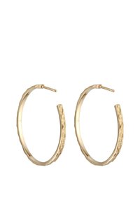 Goldene Creolenohrringe mit einer strukturierten, gehämmerten Oberfläche. Kreisförmiges Design mit offener Gestaltung und schlanker Kontur. Sichere Steckerbefestigung.