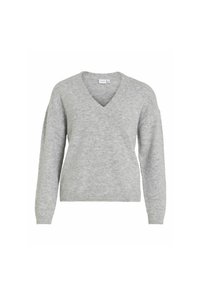 Heled hall v-kaelusega sviiter, mis on valmistatud pehmest kudumismaterjalist, pikkade varrukate ja soonikuga äärega. Lihtne disain ilma mustrite ja aktsentideta.