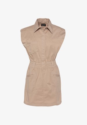 Robe sans manches beige avec taille élastique, col pointu, poche poitrine avant et deux poches latérales, dotée de boutons avant dissimulés.