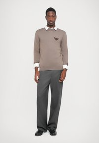 Man standing wearing taupe sweater over white collared shirt, gray wide-leg trousers, and black shoes against plain background.