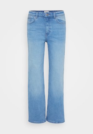 Jean en denim bleu clair avec un design classique à jambes droites, cinq poches et une fermeture à bouton à l'avant. Texture lisse avec une couleur uniforme.