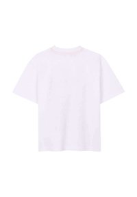 T-shirt blanche à manches courtes avec un col rond et un détail de couture rose à l'arrière. Design simple, fabriqué en tissu lisse.