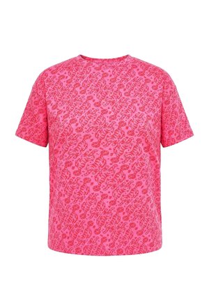 Felroze korte mouwen overhemd met een overal rood abstract bloemmotief en een ronde halslijn.