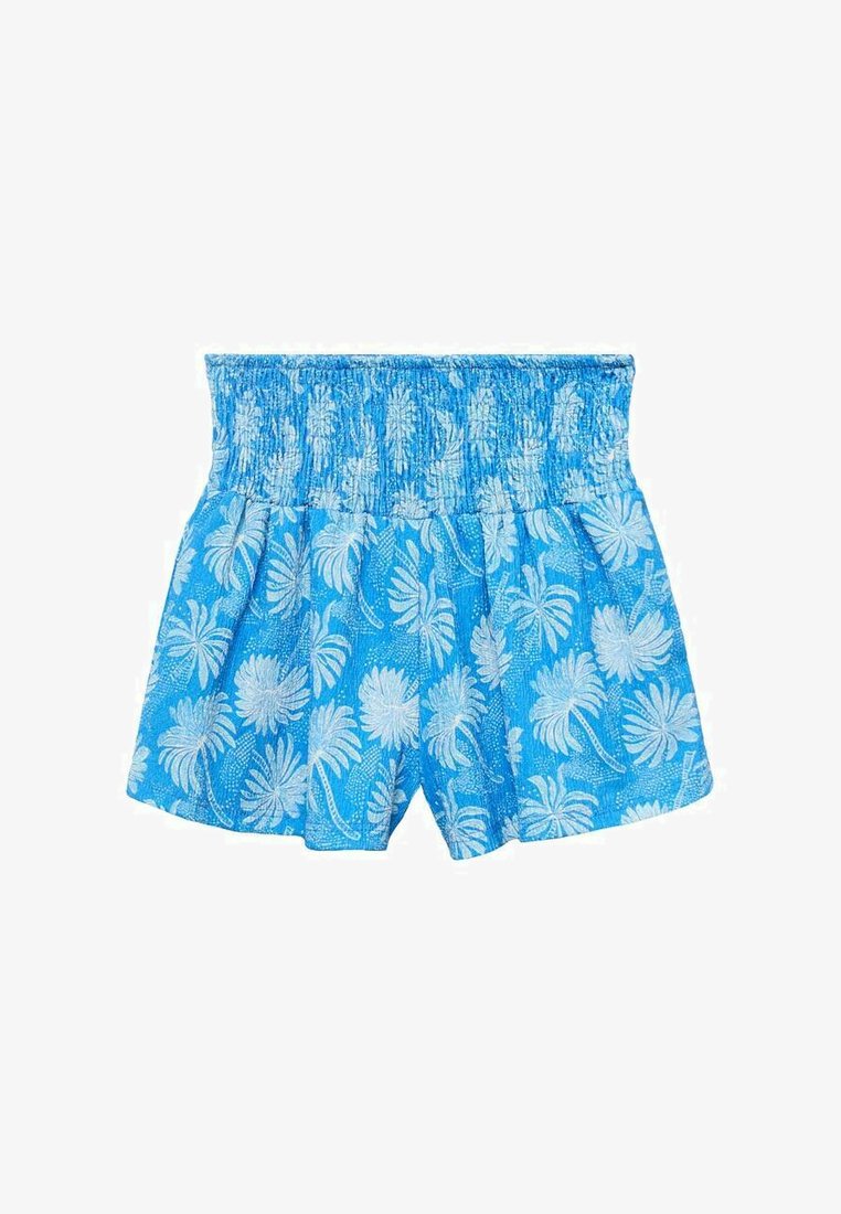 Modré kraťasy se strečovým smockingovým pasem, se vzorem bílých palm na textured pozadí. Lehká látka.