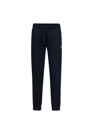 Marineblauwe joggingbroek gemaakt van zachte stof, met een elastische tailleband met een trekkoord en geribbelde boorden, met een klein logo-label.