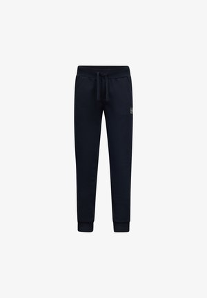 Marineblauwe joggingbroek gemaakt van zachte stof, met een elastische tailleband met een trekkoord en geribbelde boorden, met een klein logo-label.