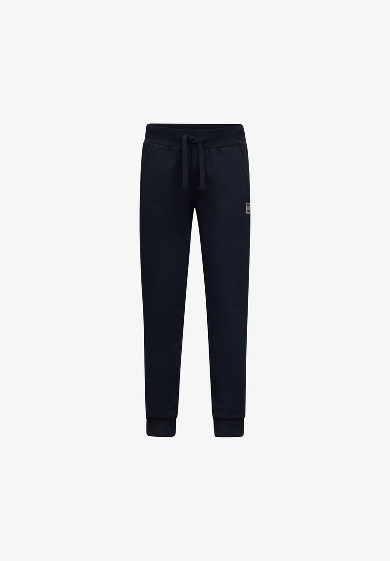 Marineblauwe joggingbroek gemaakt van zachte stof, met een elastische tailleband met een trekkoord en geribbelde boorden, met een klein logo-label.