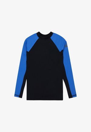 T-shirt de sport à manches longues avec un corps noir et des manches raglan bleu royal, arborant un petit logo sombre sur la partie supérieure droite de la manche.