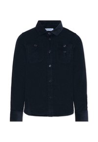 Chemise à manches longues de couleur bleu marine foncé, avec col et fermeture à bouton, deux poches poitrine, et une texture subtile. Le tissu semble doux et durable.