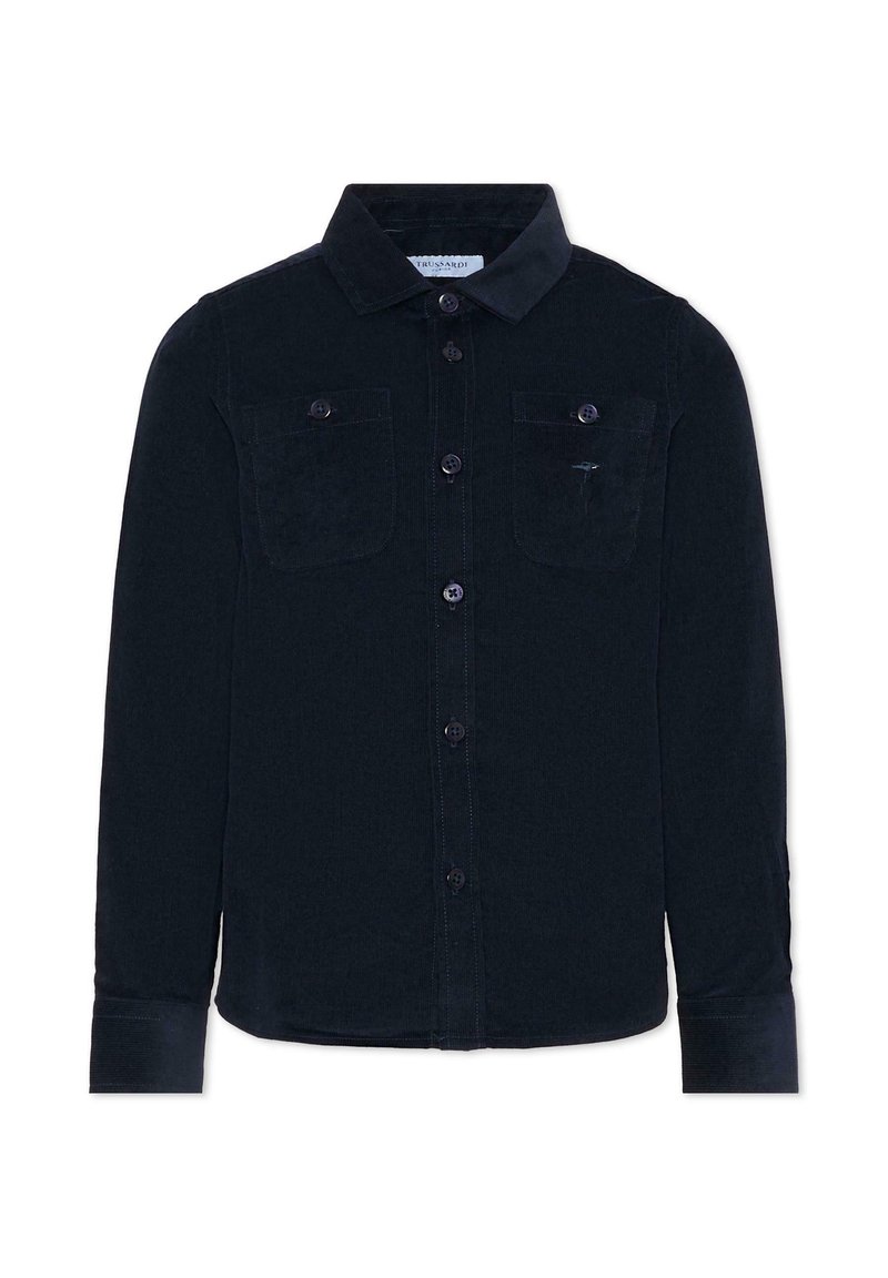 Chemise à manches longues de couleur bleu marine foncé, avec col et fermeture à bouton, deux poches poitrine, et une texture subtile. Le tissu semble doux et durable.