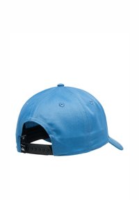 Blue cap made of fabric with a smooth texture, featuring a curved visor and adjustable black strap at the back. Six ventilation holes present.