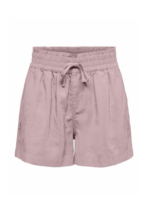 Lichtpaarse casual shorts met elastische tailleband en trekkoord, losse pasvorm en zijzakken, weergegeven op een witte achtergrond.