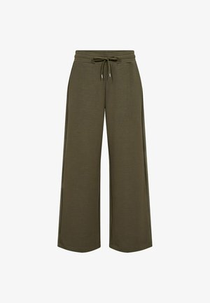 Pantalones de pierna ancha en verde oliva, hechos de una tela suave, con una cintura ajustable y bolsillos laterales, que presentan una textura lisa y líneas limpias.