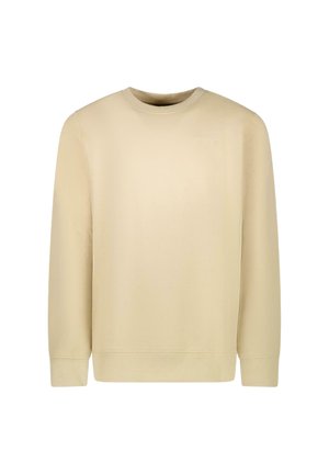 Beige sweatshirt met lange mouwen, ronde hals, textielstructuur en geribbelde manchetten. Heeft subtiele branding aan de voorkant.