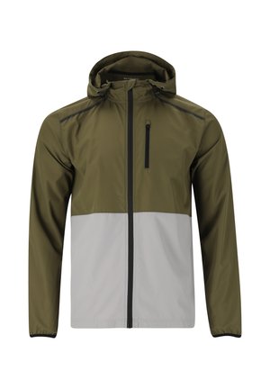 Huppari, jossa on vihreä yläosa ja harmaa alaosa, valmistettu sileästä, kevyestä materiaalista, jossa on etuvetoketju ja sivutaskut.