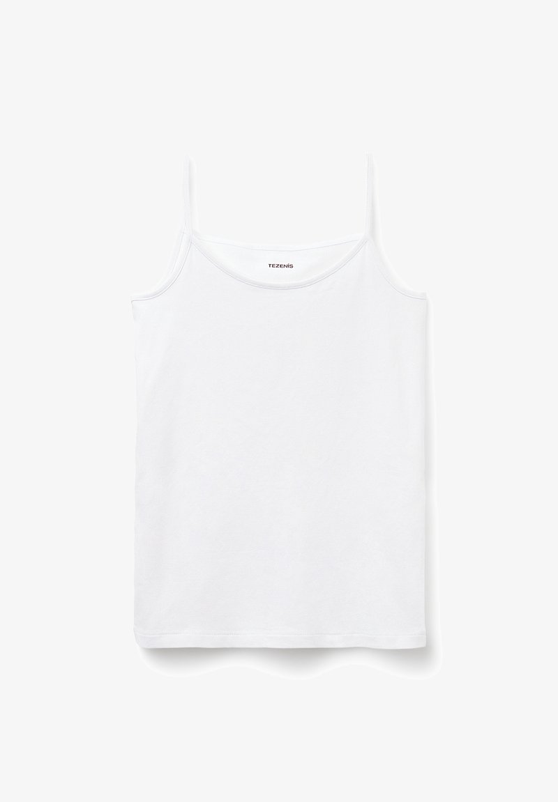 Bílý tílko vyrobené z měkké tkaniny, s tenkými ramínky a kulatým výstřihem. Rovný lem na spodní straně, jednoduchý design.