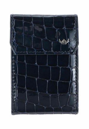 Navy blue crocodile-texture leather wallet with glossy finish, flap closure, and small silver logo on front top right corner.
