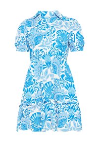 Rochie cu mânecă scurtă, cu un model floral albastru și alb, cu guler și tiv fâlfâitor, fabricată dintr-un material ușor.