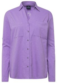 Camicia button-up viola realizzata in tessuto morbido, dotata di due tasche sul petto, colletto e vestibilità rilassata. Texture sottile visibile.