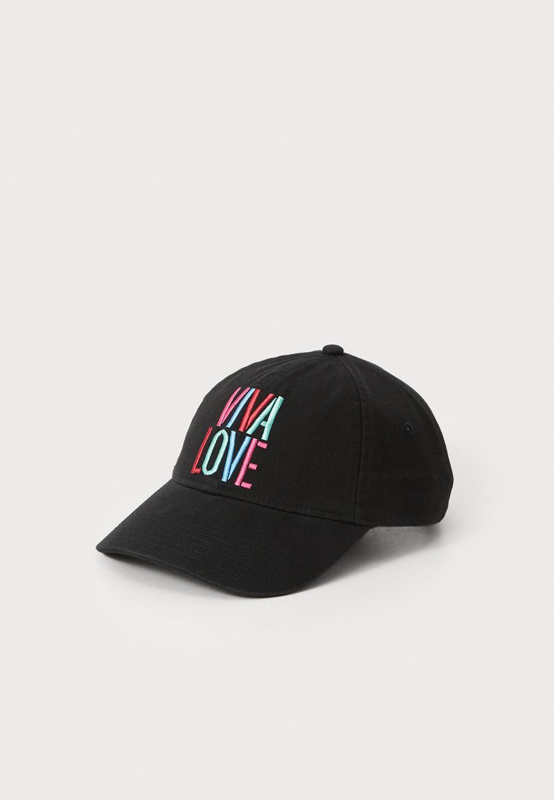 Boné de basebol preto com bordado colorido "VIVA LOVE", com aba curva e faixa ajustável. Feito de algodão, apresentando uma textura suave.