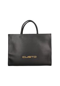 Sac fourre-tout en cuir noir avec une texture lisse, arborant un logo "CUSTO" doré au centre. Comprend deux poignées supérieures solides.
